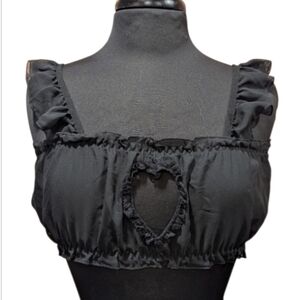 Romwe Small Sheer Black Ruffled Crop Top Heart Cut Out Boho Cropped